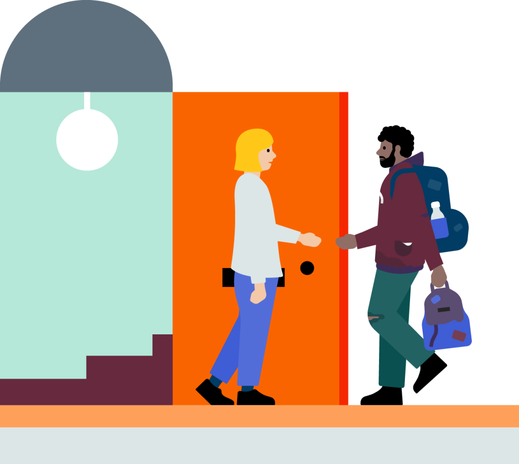 Graphic of person holding door open for person wearing a backpack