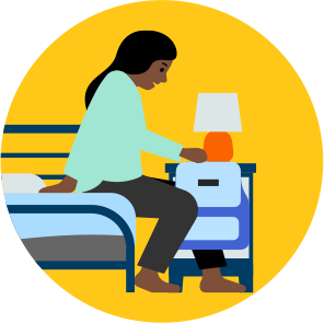 Round graphic of person sitting on side of bed