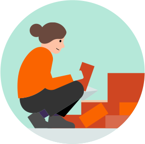 Round graphic of person laying bricks on wall