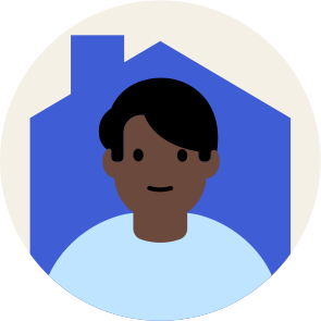 Round graphic of person stood in front of house